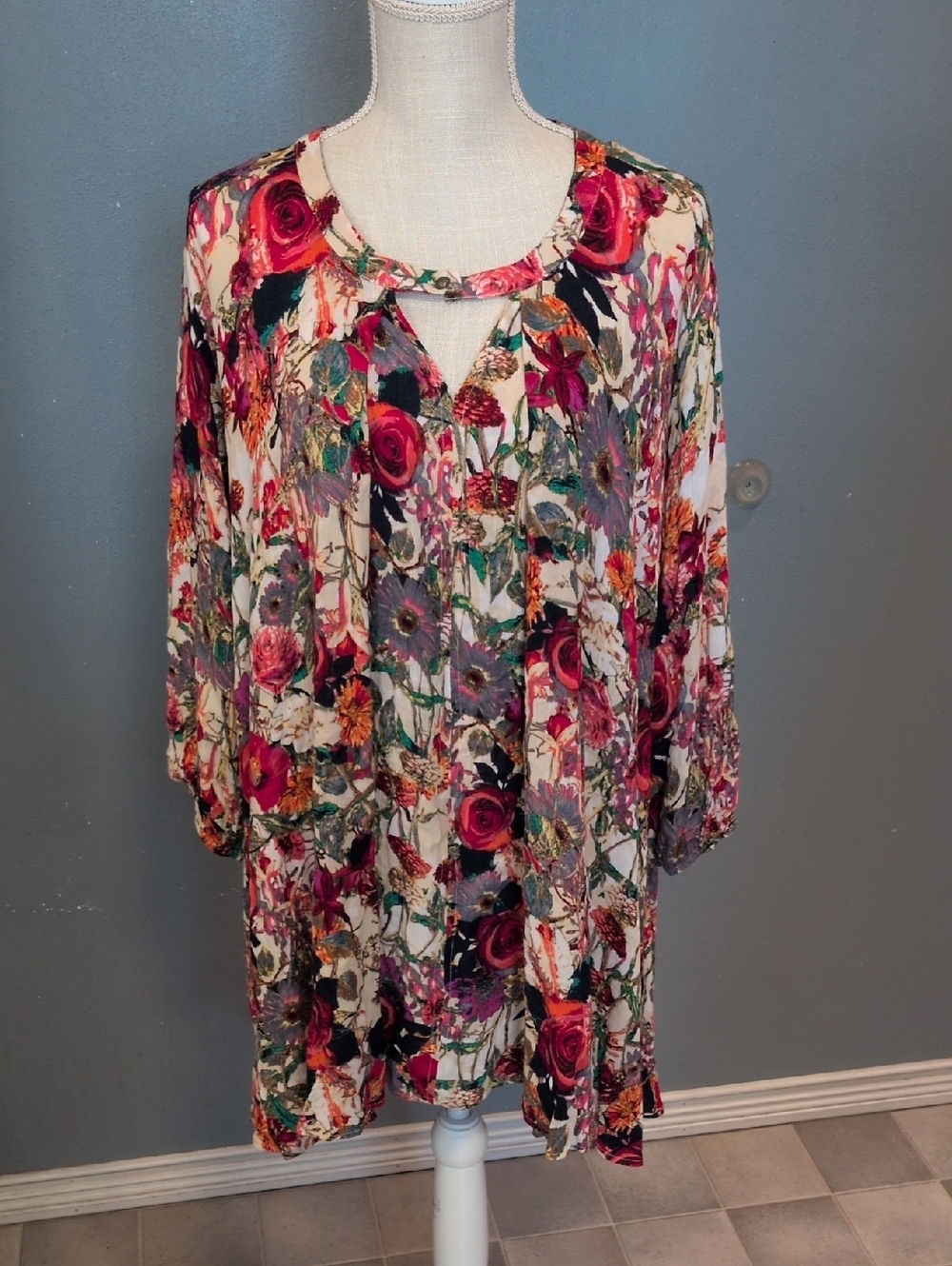 Jodifl Rosette Floral Oversized Flowy High Low Tunic Blouse Feminine Whimsical
